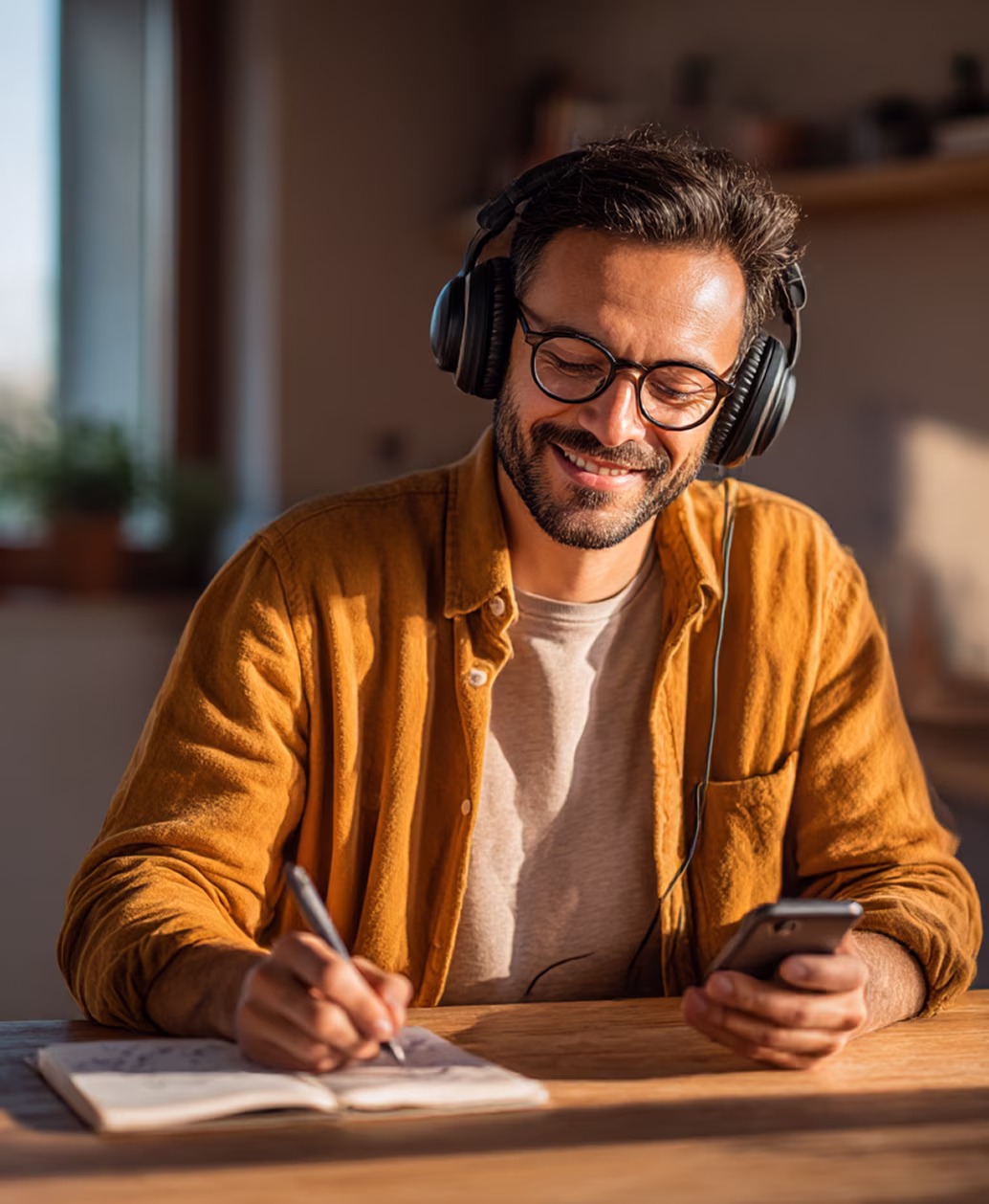 Mann mit Kopfhörern und Brille lächelt, während er in ein Notizbuch schreibt und ein Smartphone hält.
