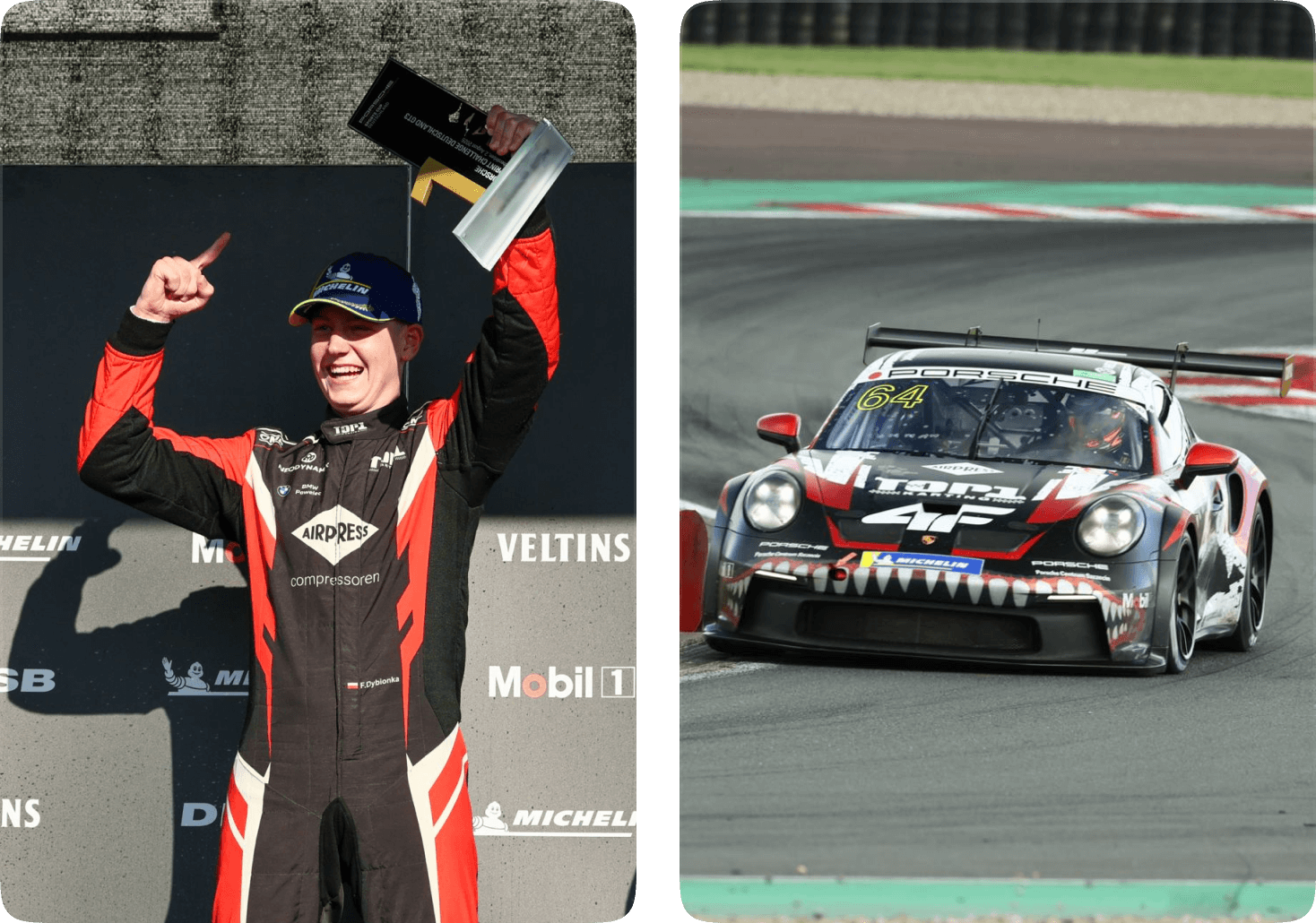 Po lewej stronie zdjęcia Fabian Dybionka w kombinezonie wyścigowym i czapce Michelin cieszy się na podium z trofeum za pierwsze miejsce w wyścigu Porsche Sports Cup. Po prawej stronie jego samochód Porsche 911 GT3 Cup z numerem 64 i grafiką rekina pokonuje zakręt na torze, dynamicznie pochylając się w stronę asfaltu.
