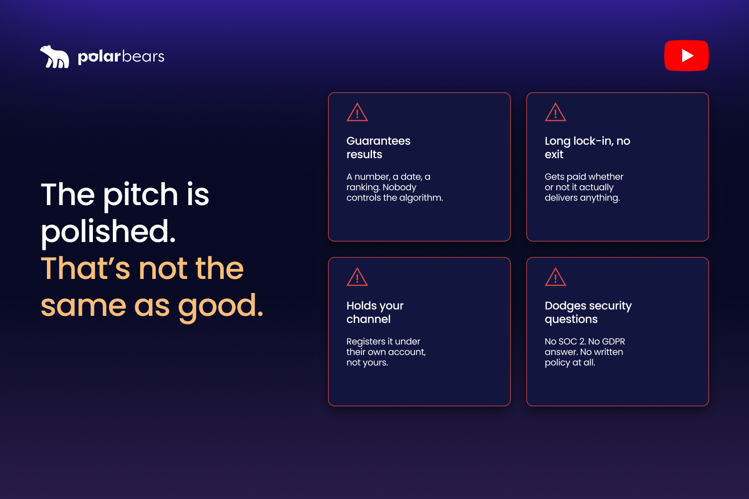 The warning signs that separate a real YouTube agency from a money pit: lock-in contracts, guaranteed results, hostage data, and who really owns your channel.