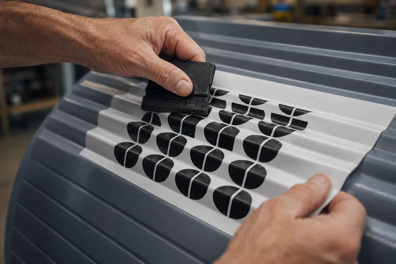 Hands squeegeeing die-cut black vinyl decals onto a ribbed industrial panel