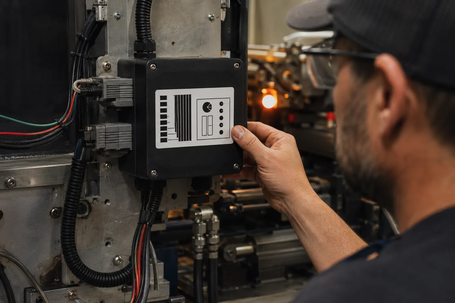Printed graphic overlay on an industrial machine control panel