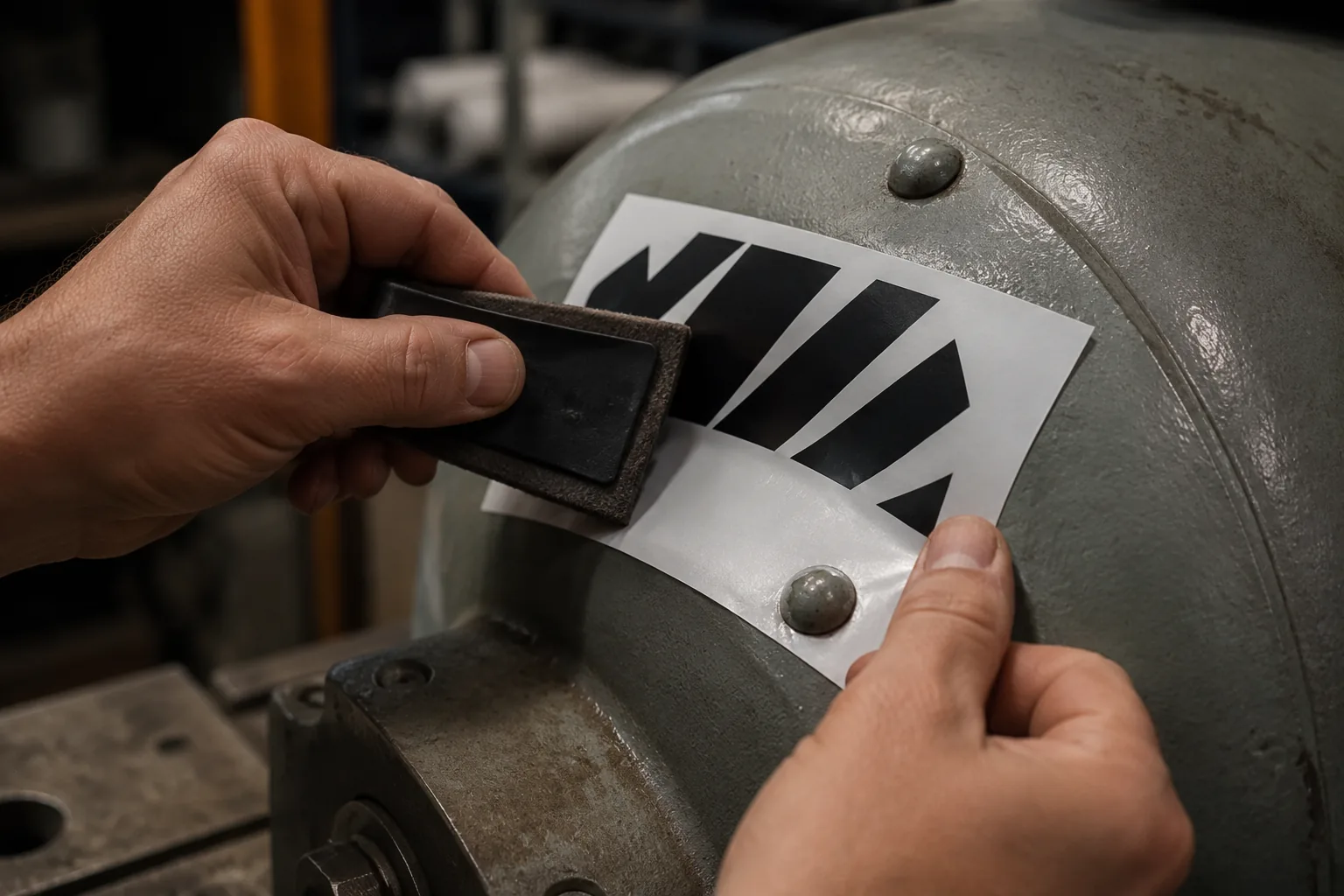Applying a chevron hazard decal to a curved metal machine housing