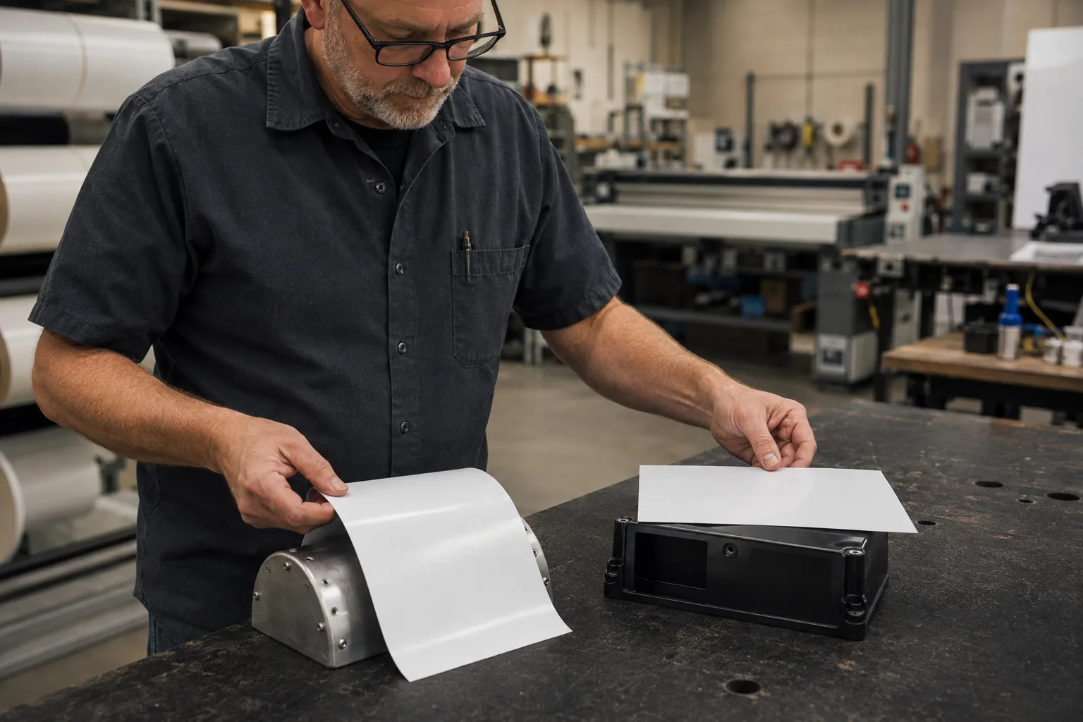 Technician applying an industrial label to a curved sheet-metal part