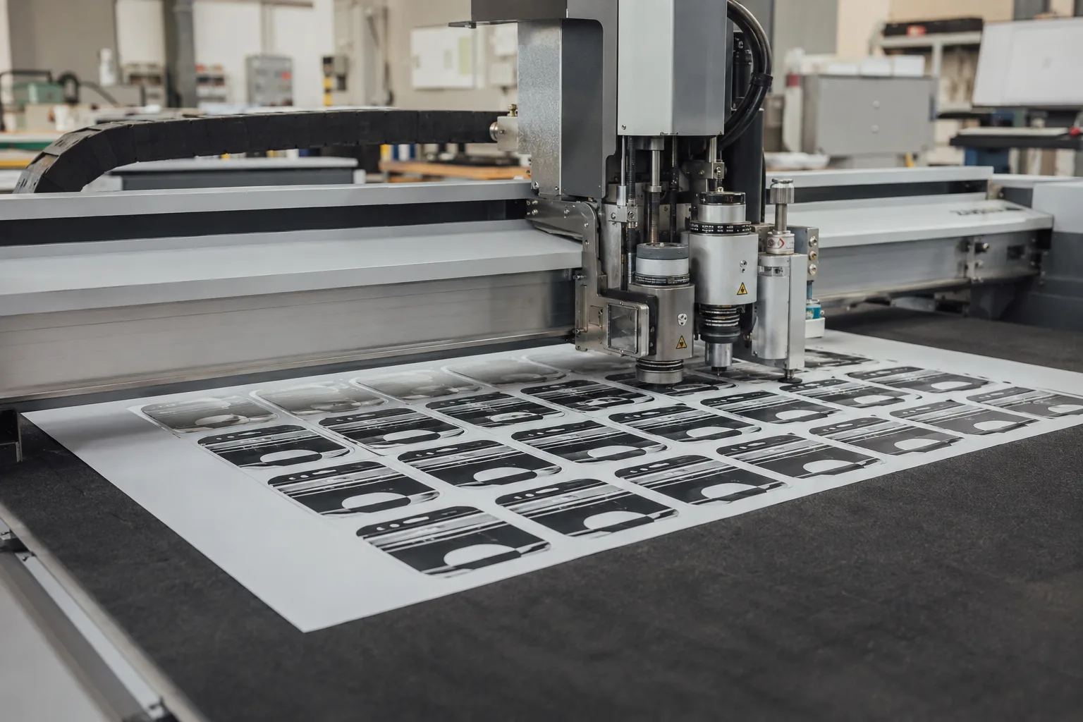 Flatbed CNC cutter die-cutting a printed vinyl sheet