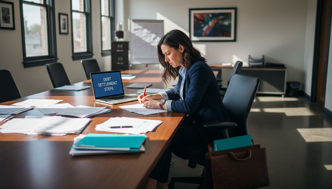Manager reviewing debt settlement documents