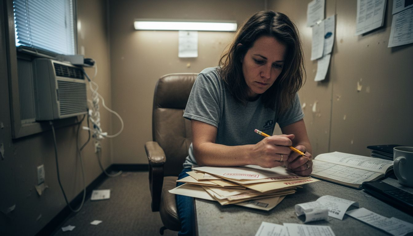 Stressed businesswoman with overdue bills and paperwork