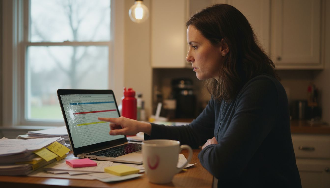 Bookkeeper tracking cash flow on color-coded spreadsheet
