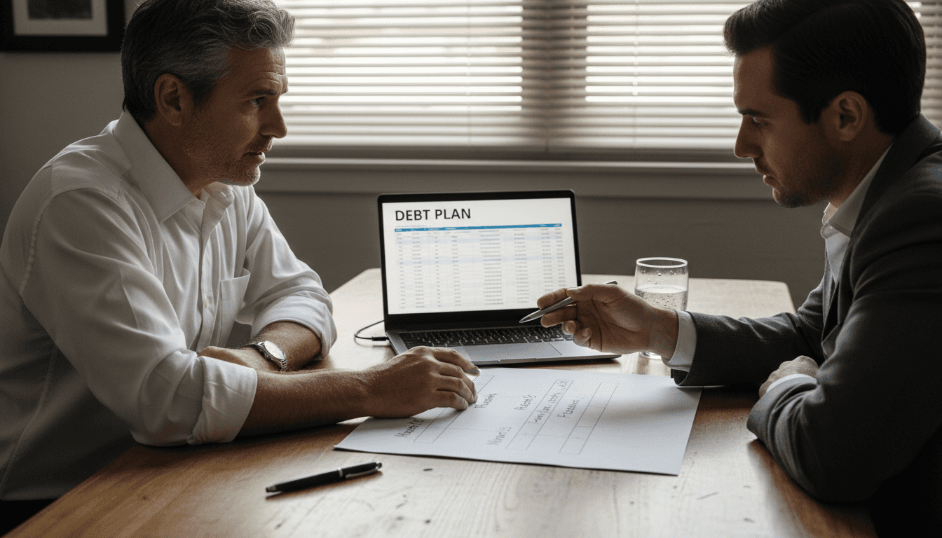 Small business owner and consultant discussing debt plan
