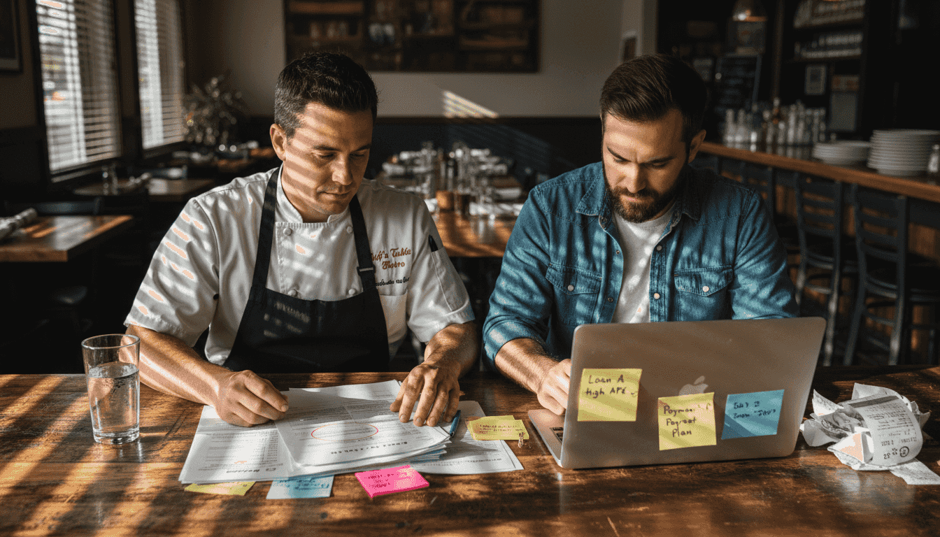 Managers reviewing debt consolidation paperwork