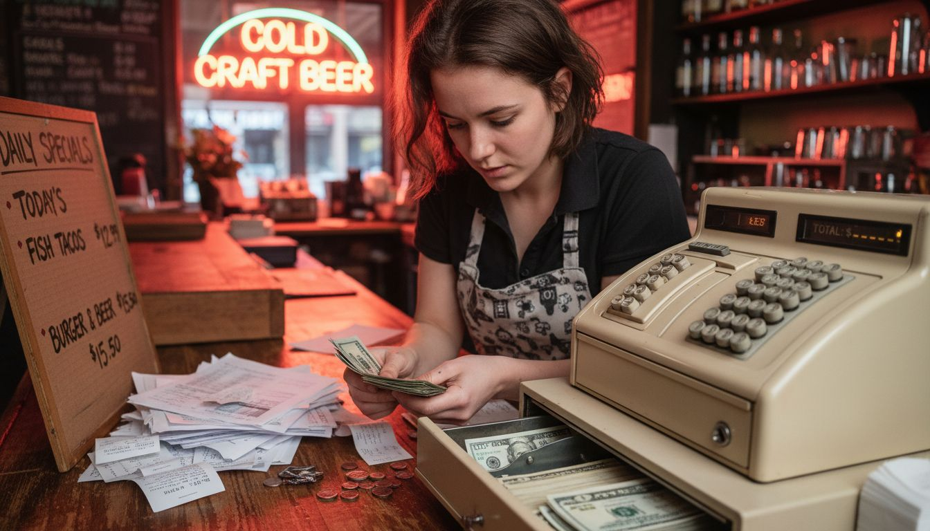 Restaurant manager counting cash at register