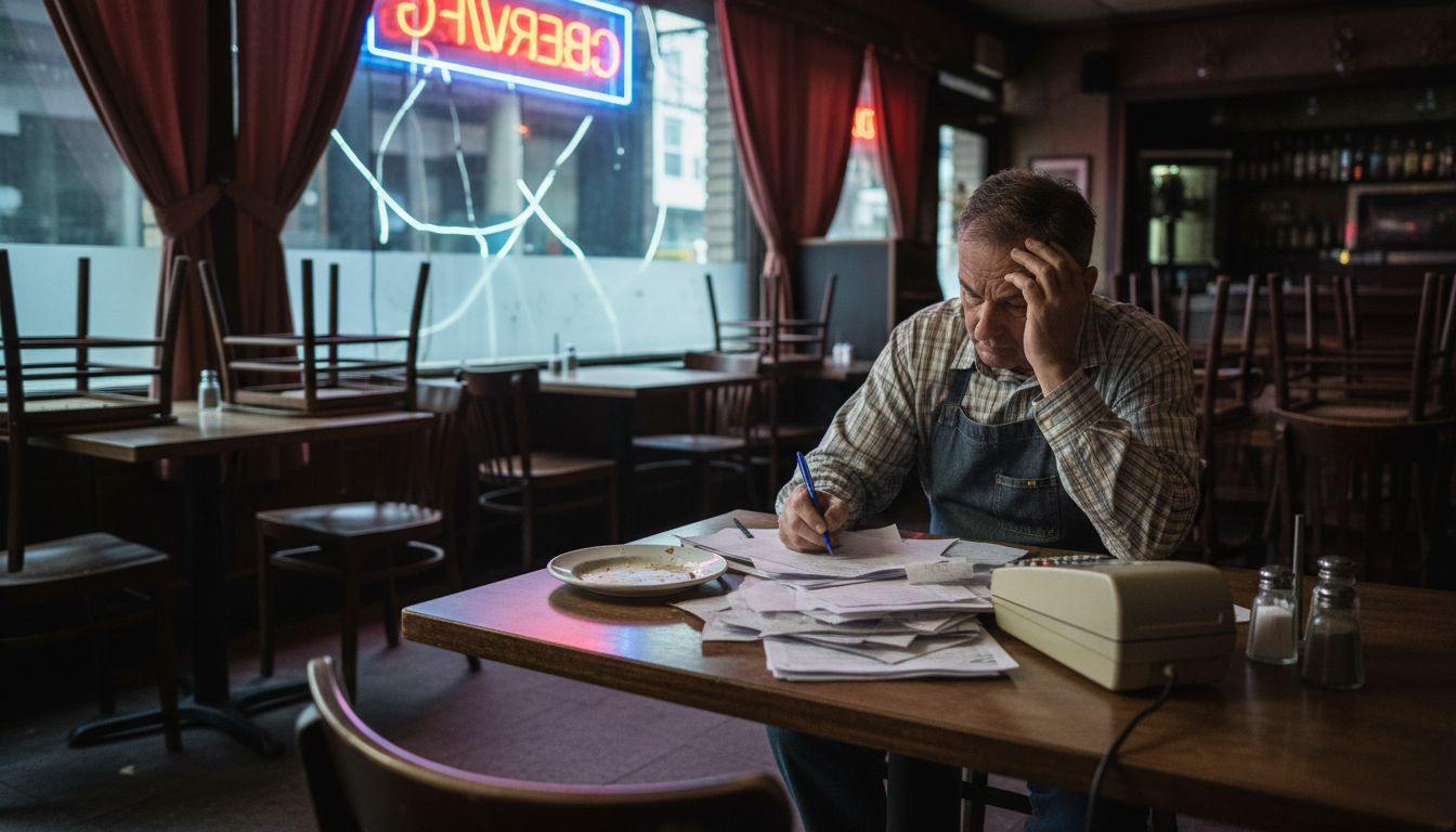 Restaurant owner reviews debt documents at table