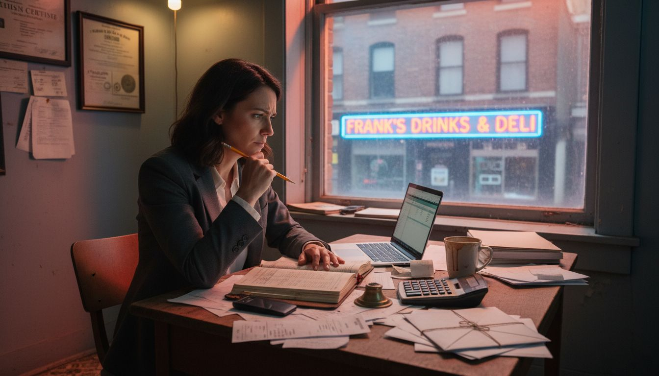 Worried businesswoman with cash advance ledger