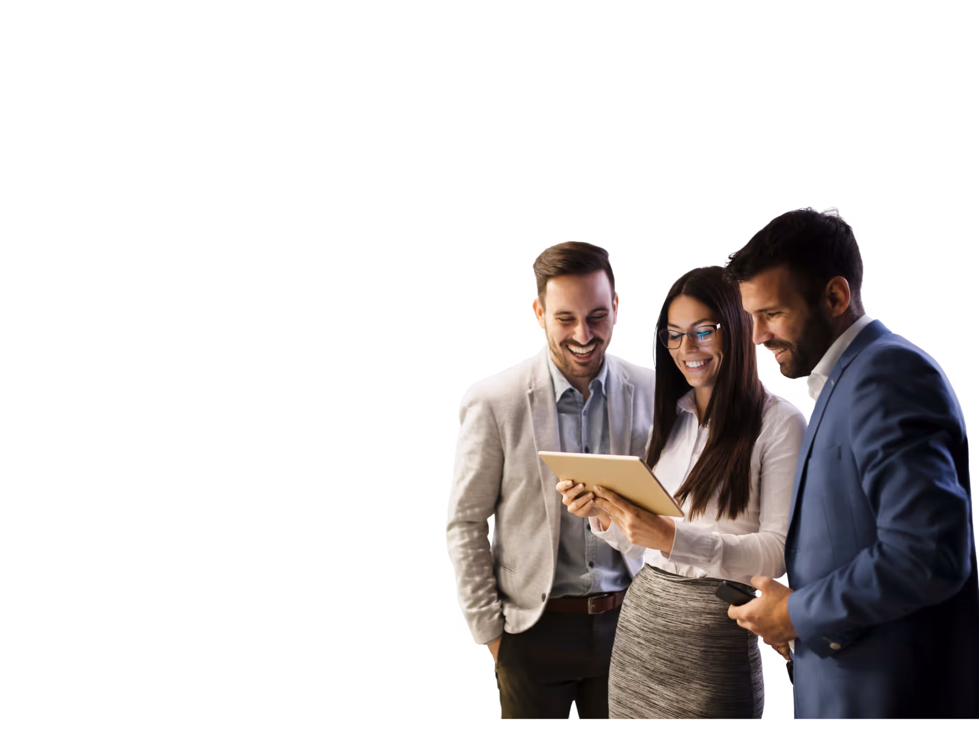 Three business professionals collaborating on a tablet, representing virtual assistants supporting business growth and marketing.