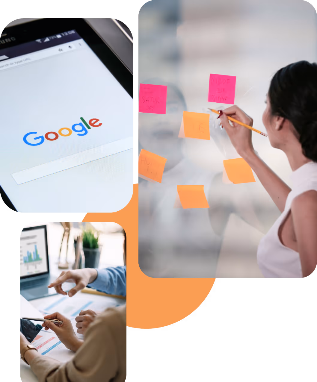 Marketing assistant planning business growth strategy with analytics, Google visibility, and digital campaign notes.