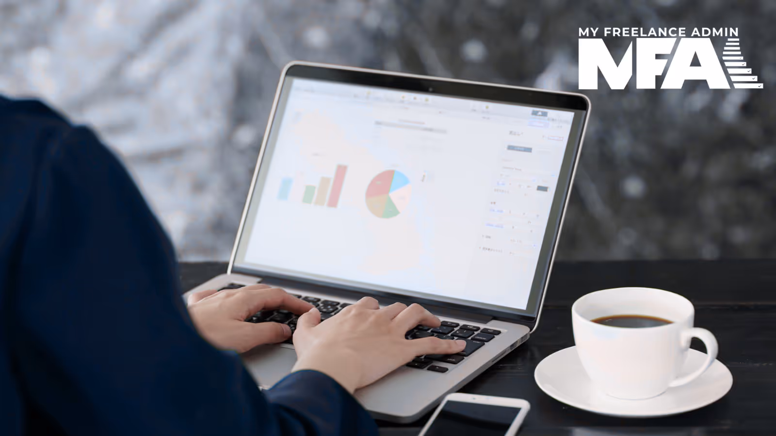 Freelance marketing specialist reviewing business performance data on a laptop during a Discovery Session with My Freelance Admin