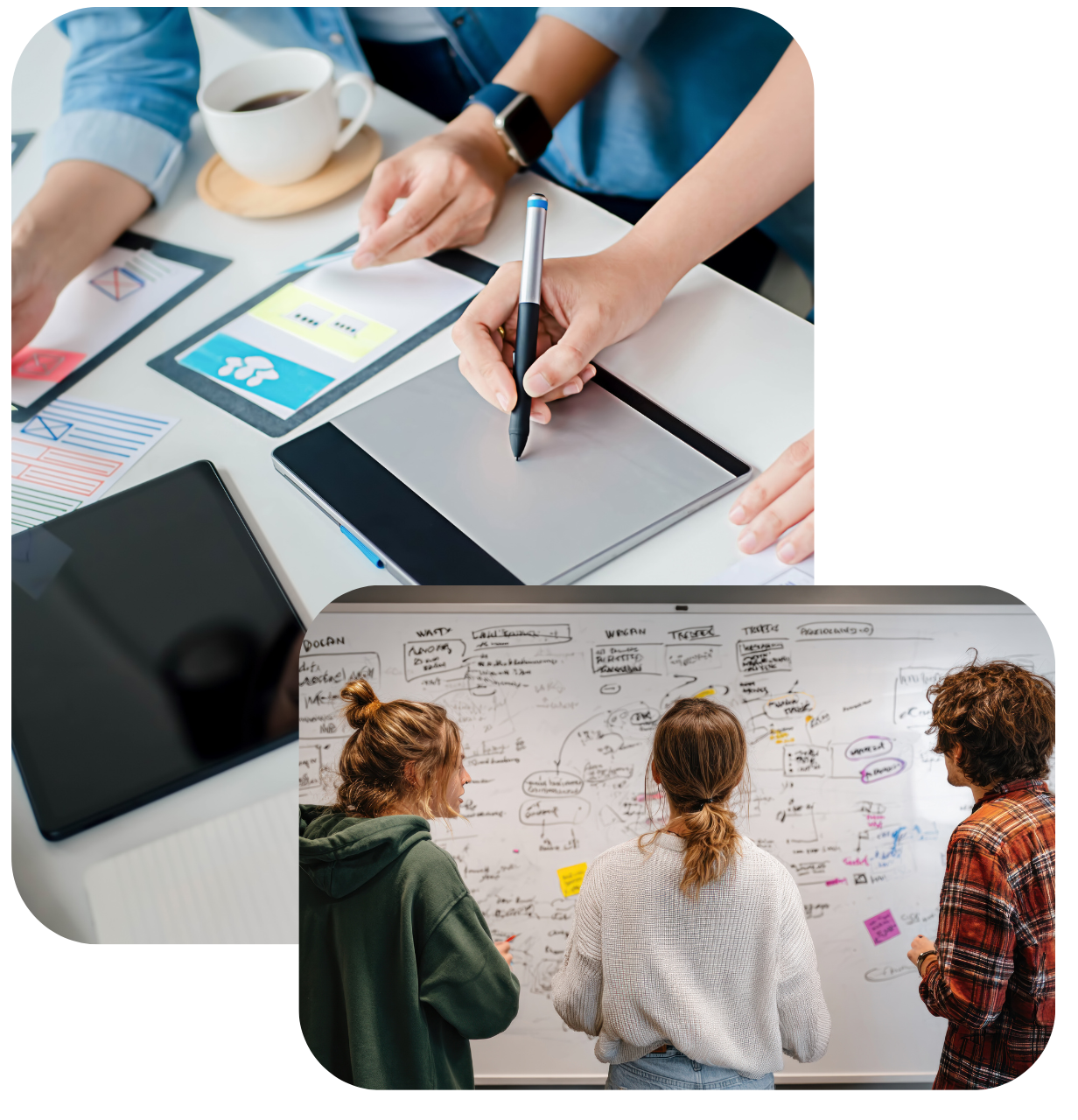 Team mapping processes and reviewing workflow plans on paper and whiteboard.