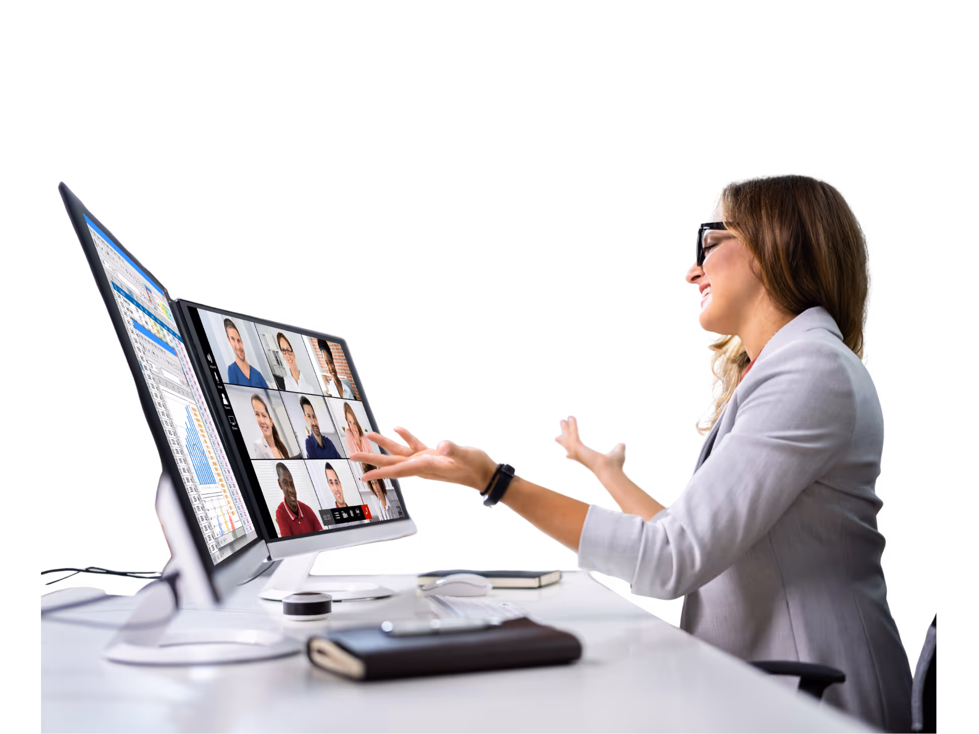 Professional woman leading a virtual team training session on a video call.