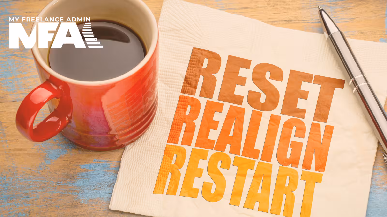 Business Reset concept image with coffee, notebook and pen symbolising small business systems and process support.