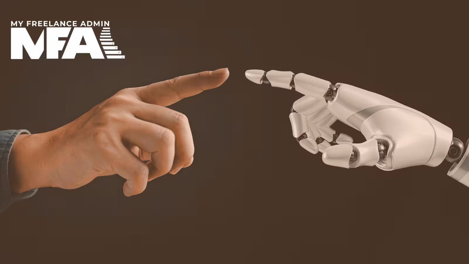 Illustration of a human hand and robotic hand reaching towards each other, representing AI and human operational support working together in business.