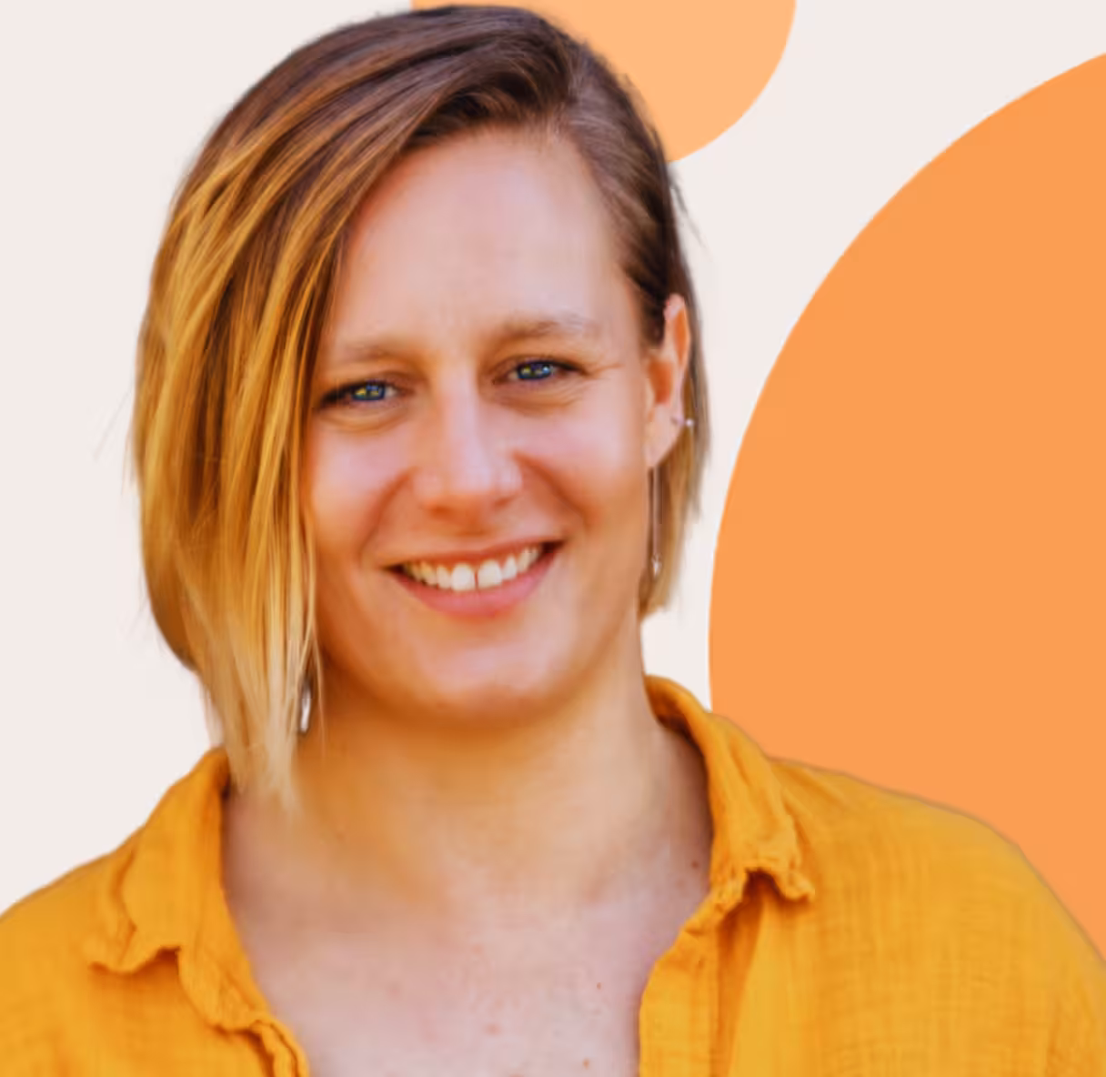 Portrait of Laura, Marketing Strategy Specialist at My Freelance Admin, smiling at the camera in a mustard yellow shirt against a white background with orange abstract shapes.