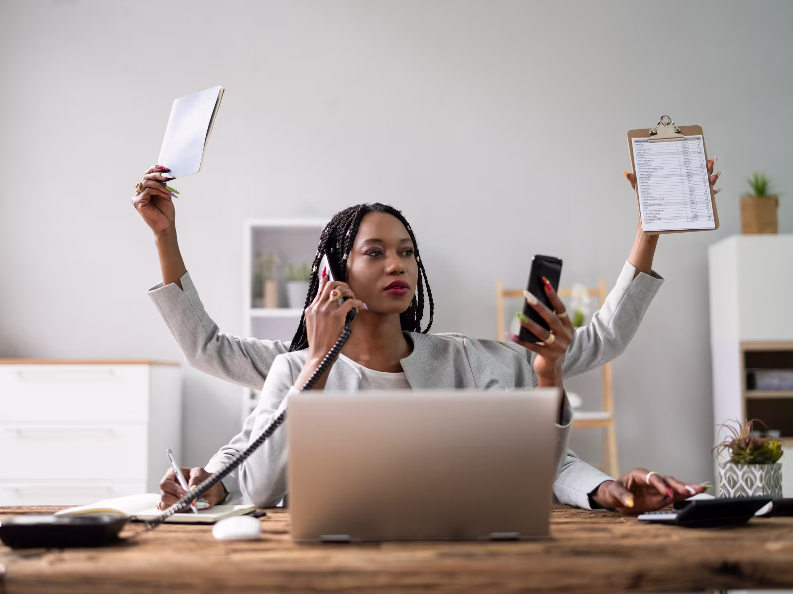 Busy sales professional juggling calls, prospect lists and sales activity
