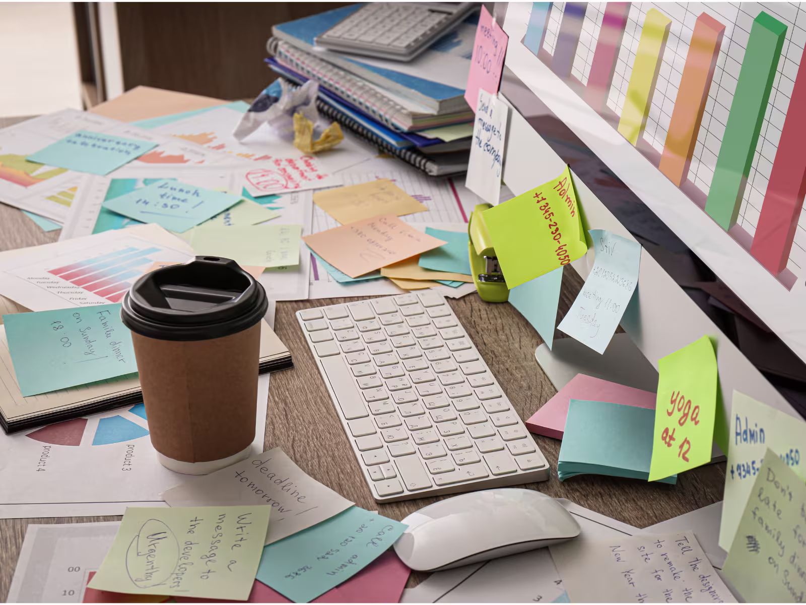 Busy desk covered with contact notes, reminders and sales follow-up tasks