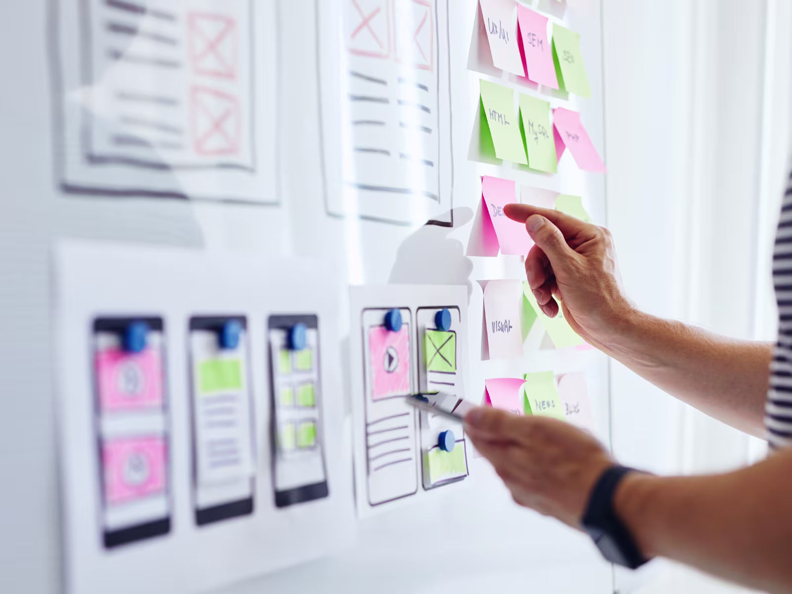Content planning process with social media ideas and posts organised on sticky notes