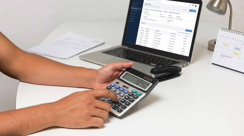 Personne tournant les pages de documents sur un bureau avec un ordinateur portable affichant des graphiques et un calendrier.