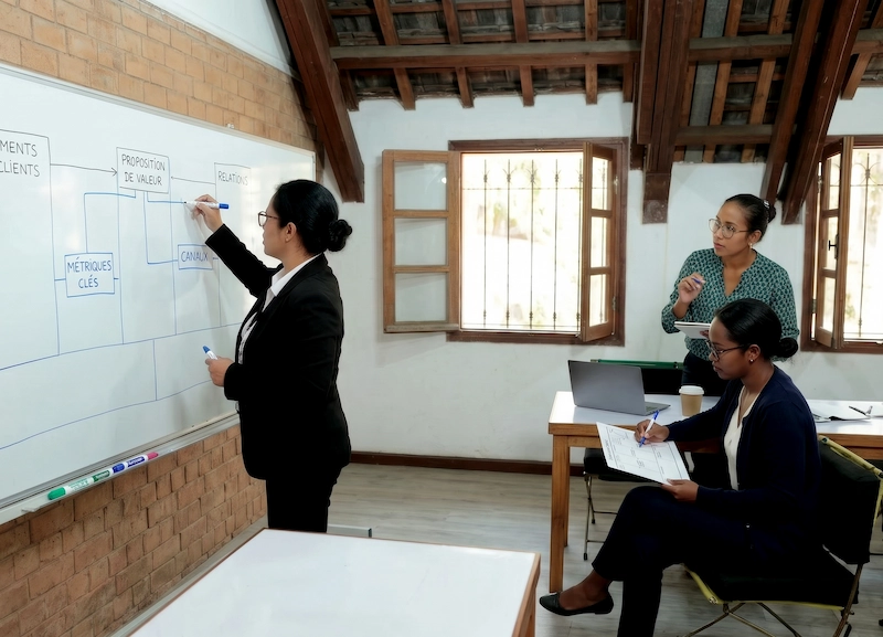 Quatre collègues de travail dans un bureau moderne, deux utilisant des ordinateurs et deux consultant des dossiers.