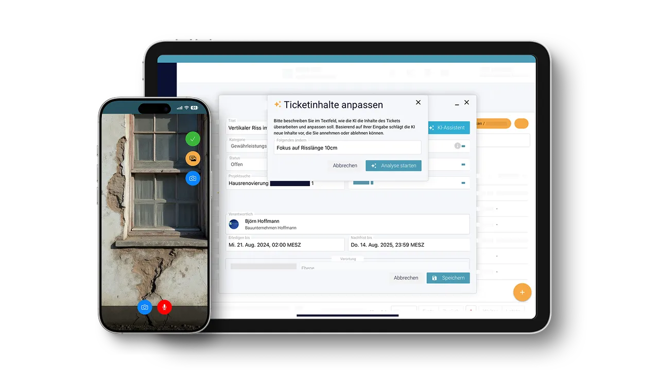 Tablet und iPhone mit der Flexxter App. Auf dem Tablet ist ein dokumentiertes Ticket zu sehen und auf dem Smartphone wird eine Wand fotografiert.