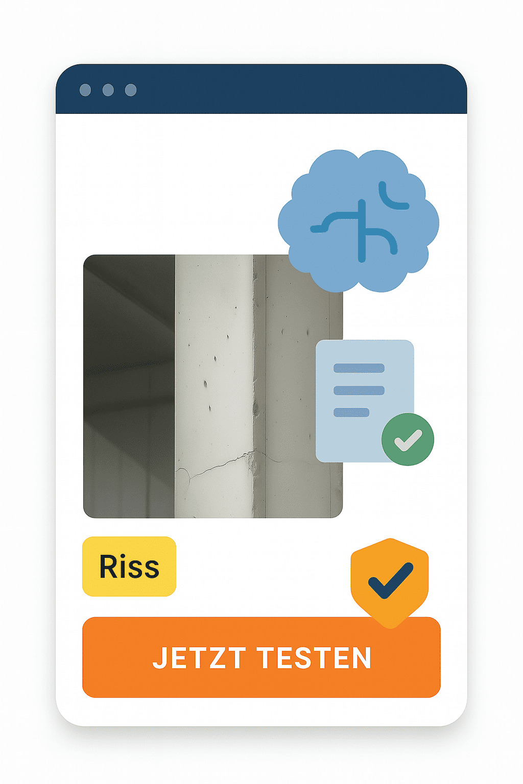 Minimalistische Grafik mit einem Foto und Buttons mit "Jetzt testen"