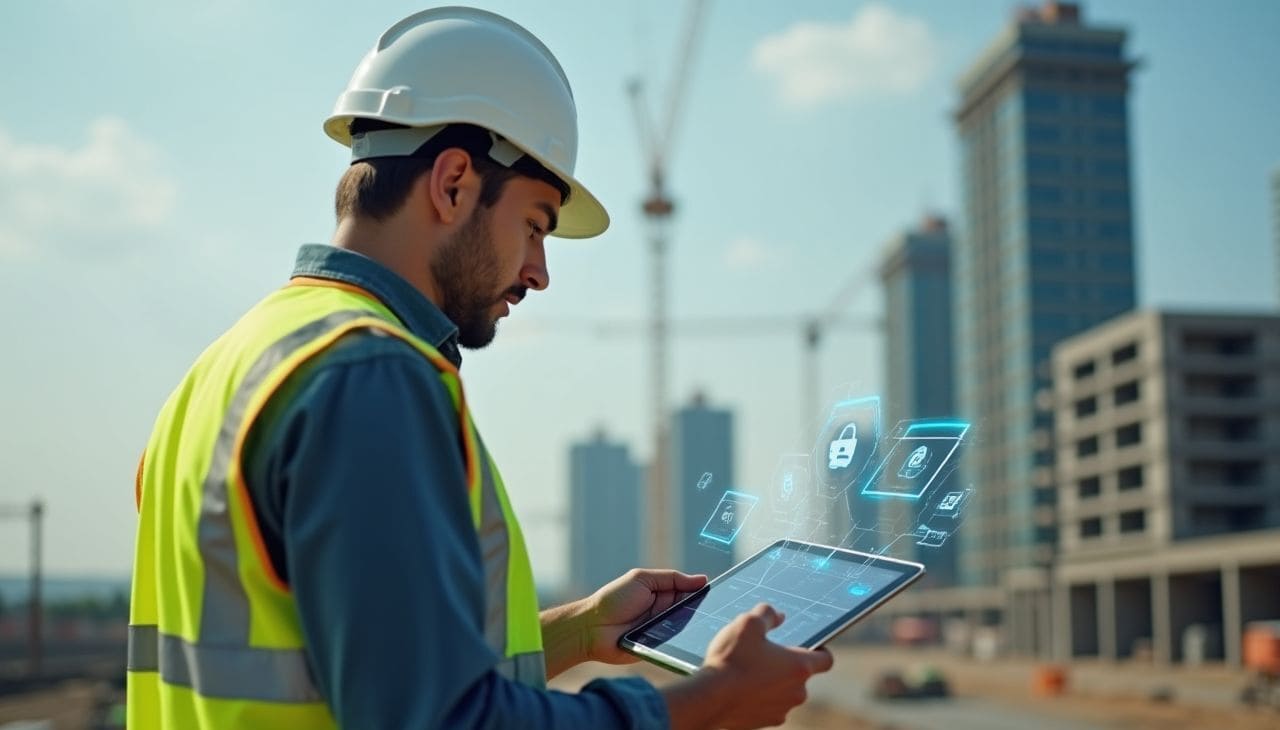 Bauleiter auf der Baustelle mit Tablet in der Hand.