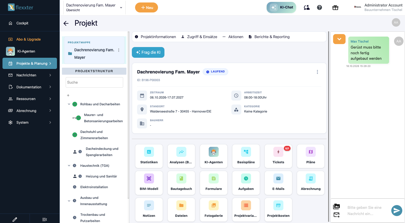 Geöffnetes Projekt eines Generalunternehmers