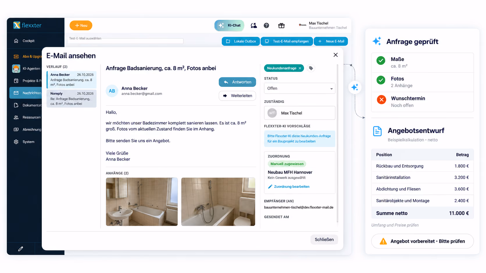 Flexxter KI prüft Projektanfragen per E-Mail auf Vollständigkeit und kalkuliert ein Angebot. Mit Hilfe von KI erstellt oder bearbeitet.