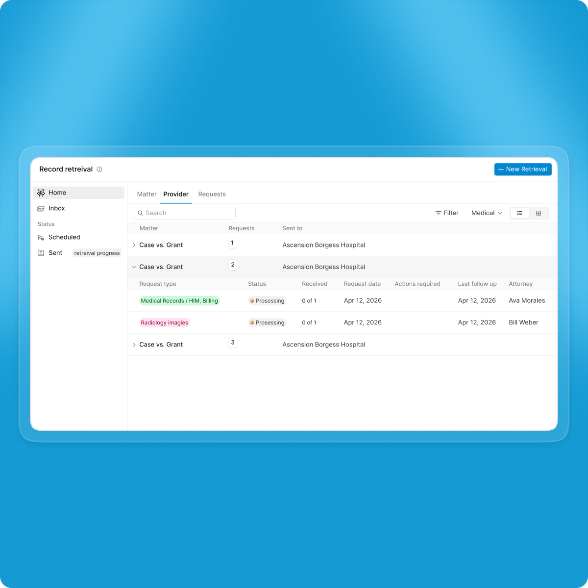 Novo record retrieval tracker showing each provider request and its status