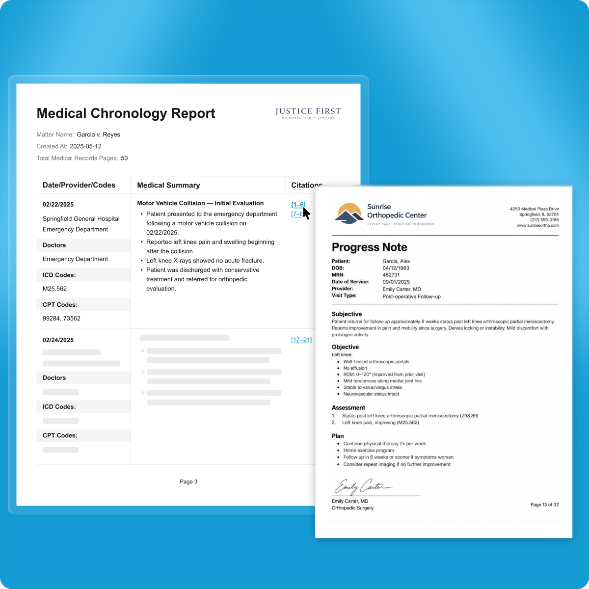 Medical chronology report with citations linked to the source progress note