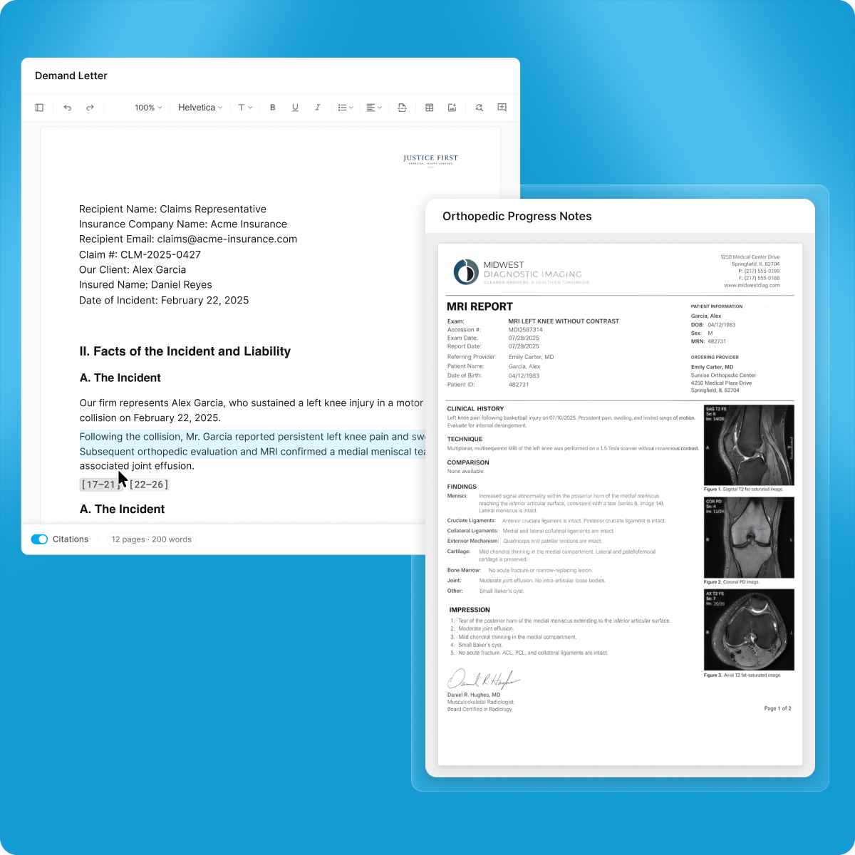 Demand letter draft with citations linked to the source MRI report