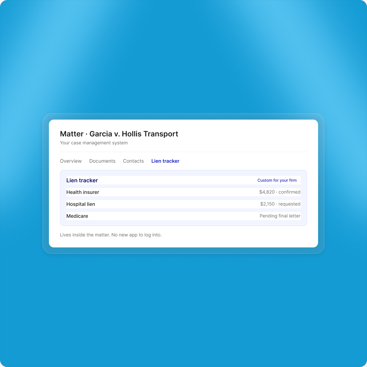 A custom lien tracker shown inside a matter in the firm's case management system