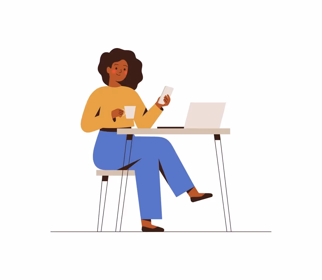 An illustration of a women drinking coffee and using the phone