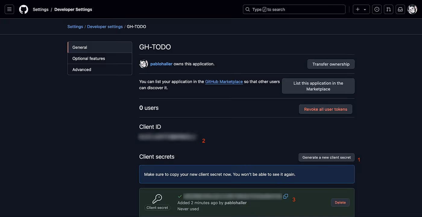 A screenshot of the GitHub app settings page, showing the "Generate a new client secret" button. Below the button, the newly generated client secret is displayed in a masked format with a copy button next to it.