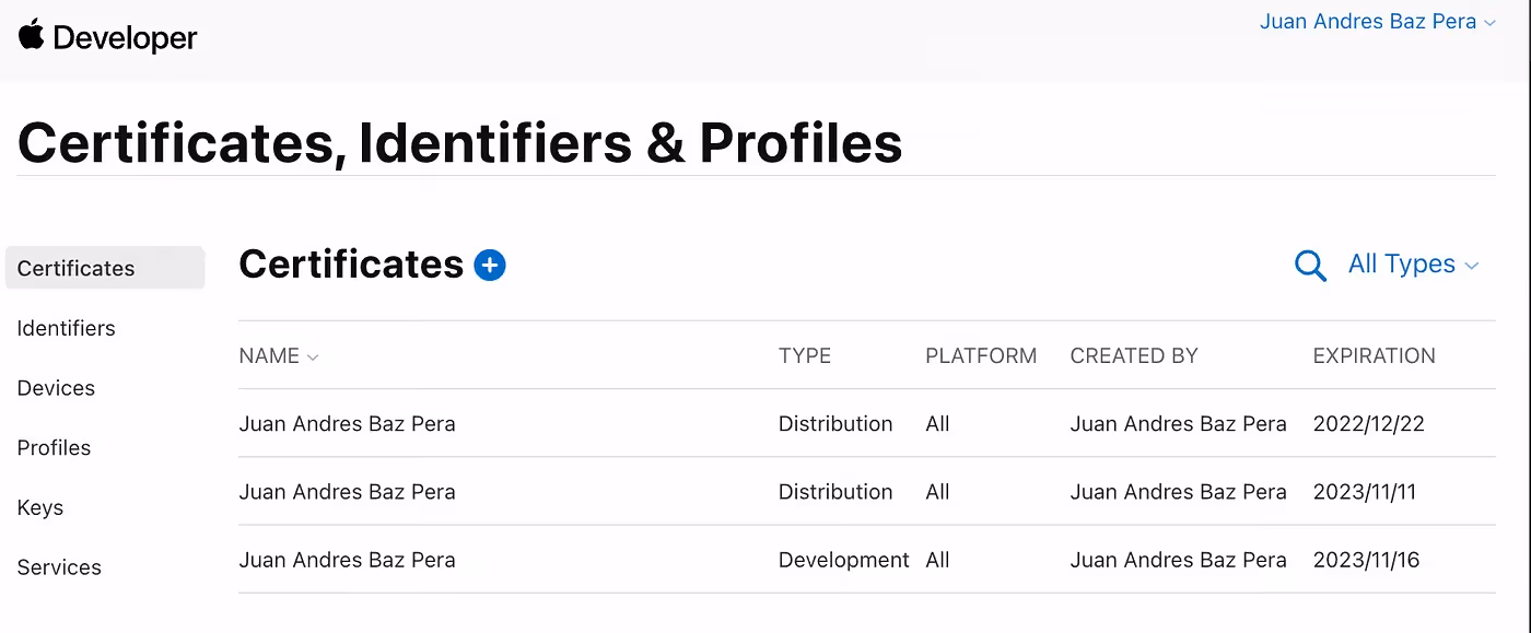 Certificates, Identifiers & Profiles