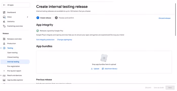 Play Store Console: Create internal testing release