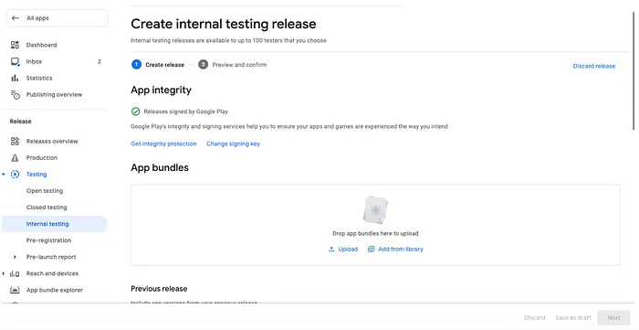 Play Store Console: Create internal testing release