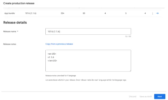 Play Store Console: Release details