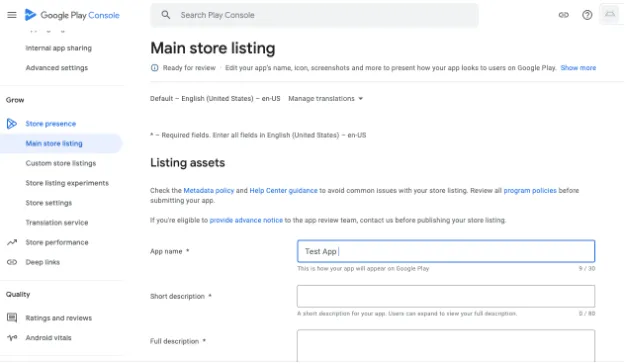 Play Store Console: Main store listing