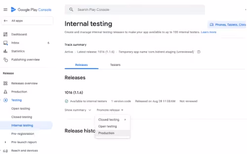 Play Store Console: Release