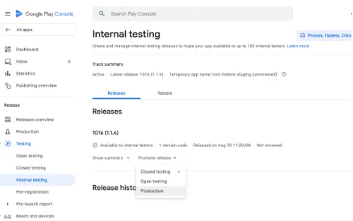Play Store Console: Release