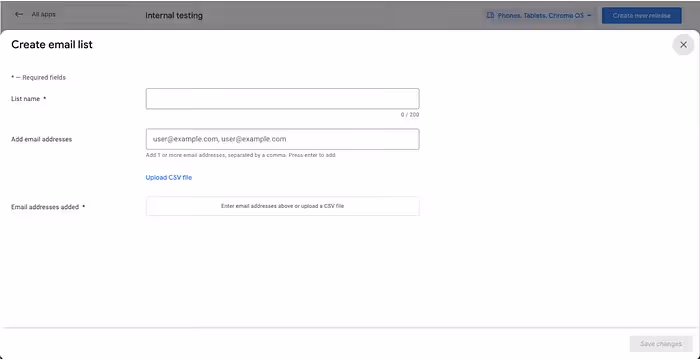 Play Store Console: Create email list