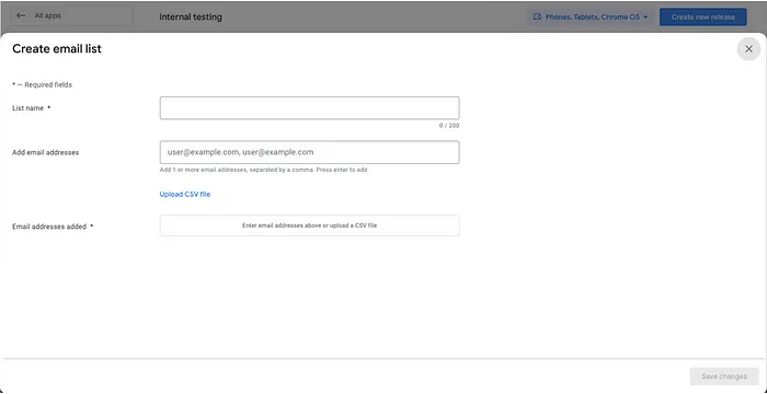 Play Store Console: Create email list