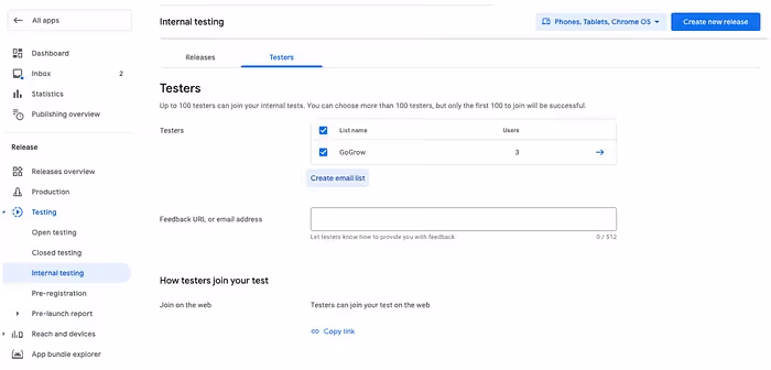 Play Store Console: Internal testing